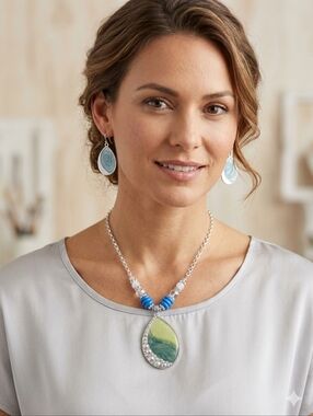 Necklace/Earrings Set Ocean Landscape Swirls Chain Crystals Silver Tone